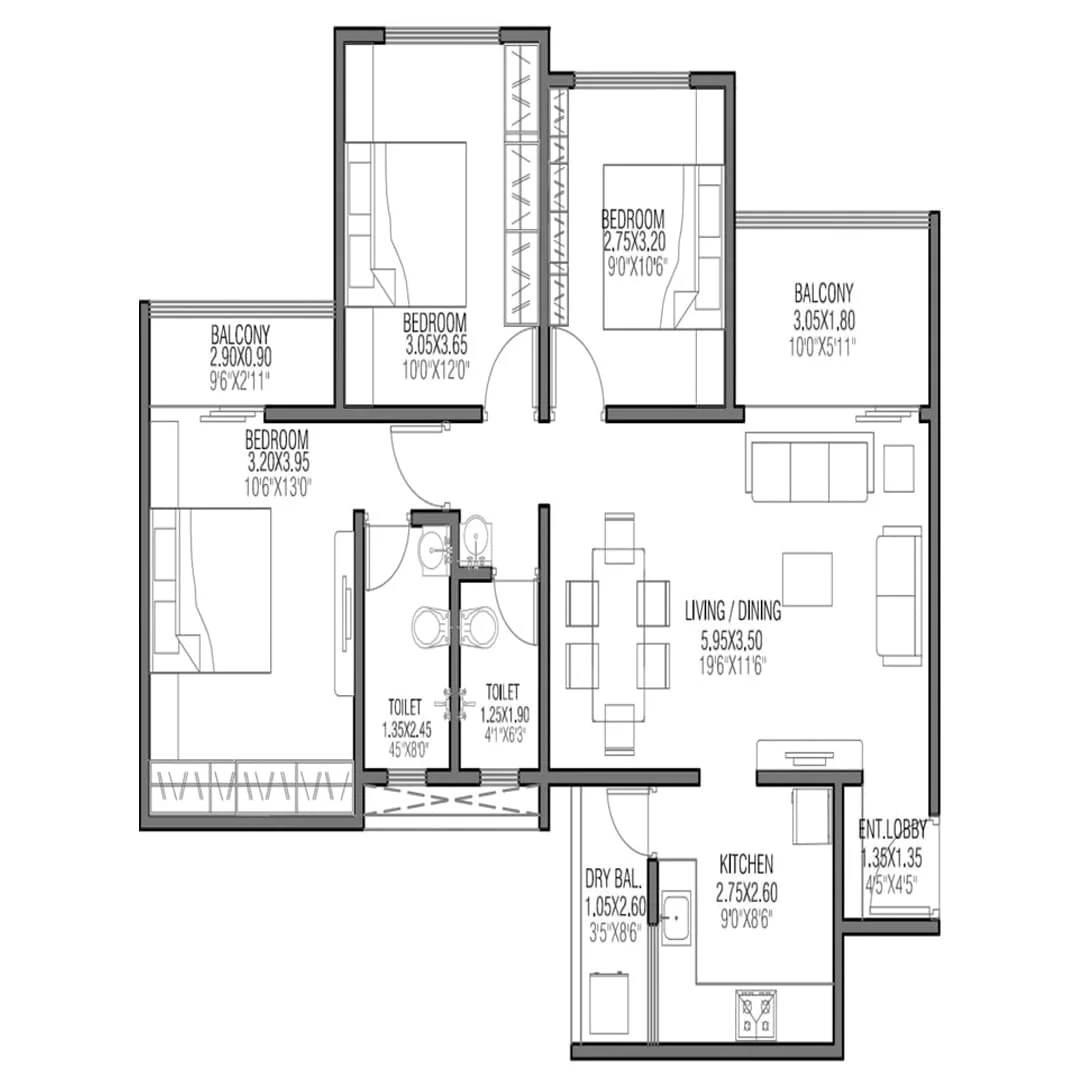 Silver Meteor Tathawade 3 BHK Floor Plan